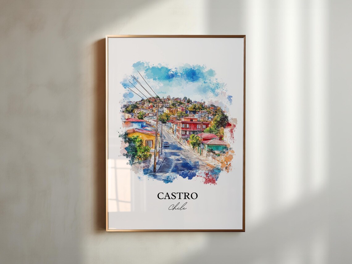 Castro Chile Watercolor Hillside Street Scene Art Travel Poster - Image 5