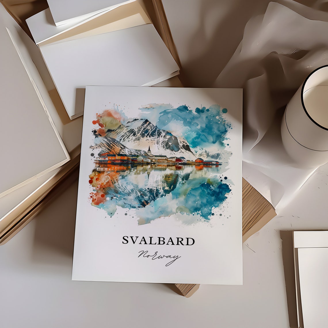 Svalbard Norway Watercolor Arctic Village Snowy Mountain Peak Poster - Image 6