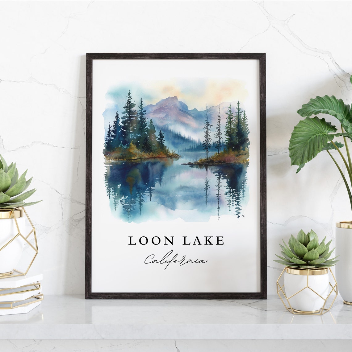Loon Lake California Pine Forest Mountain Reflection Watercolor Poster - Image 3
