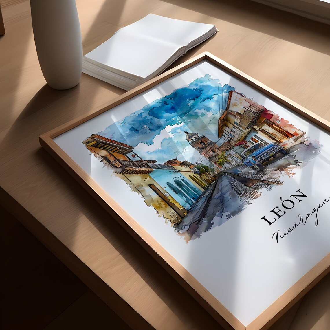 Leon Nicaragua Colonial Street Watercolor Old Town Church Poster - Image 5