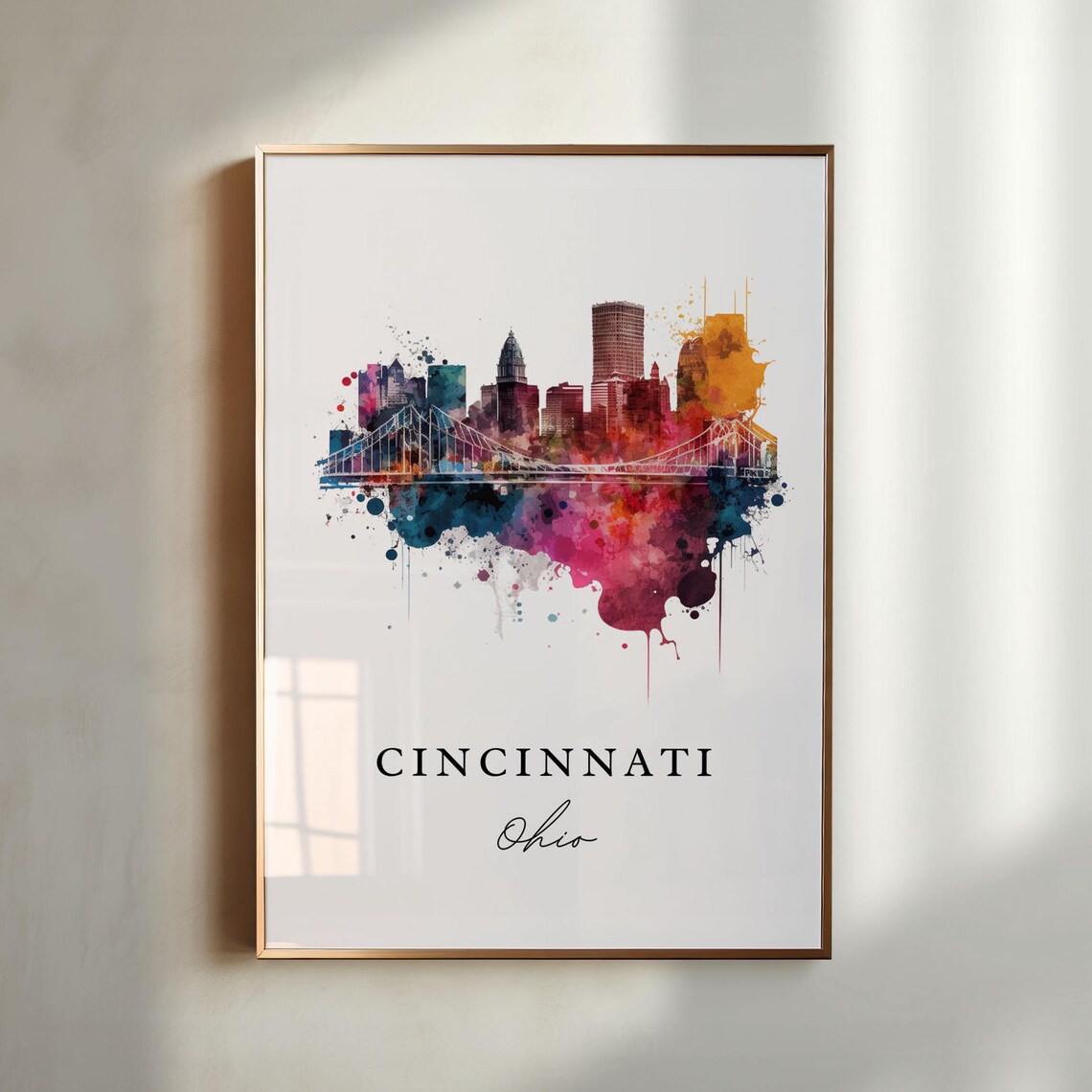 Cincinnati Ohio Skyline Bridge Watercolor City Travel Poster