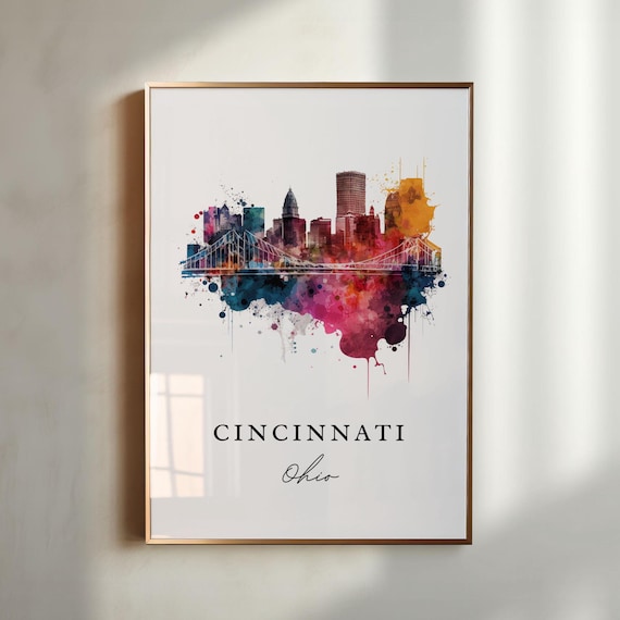 Cincinnati Ohio Skyline Bridge Watercolor City Travel Poster