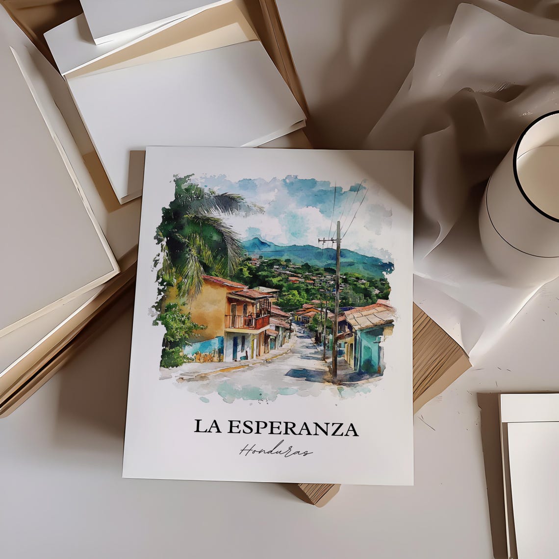 La Esperanza Honduras Palm Lined Street Mountains Watercolor Poster - Image 4