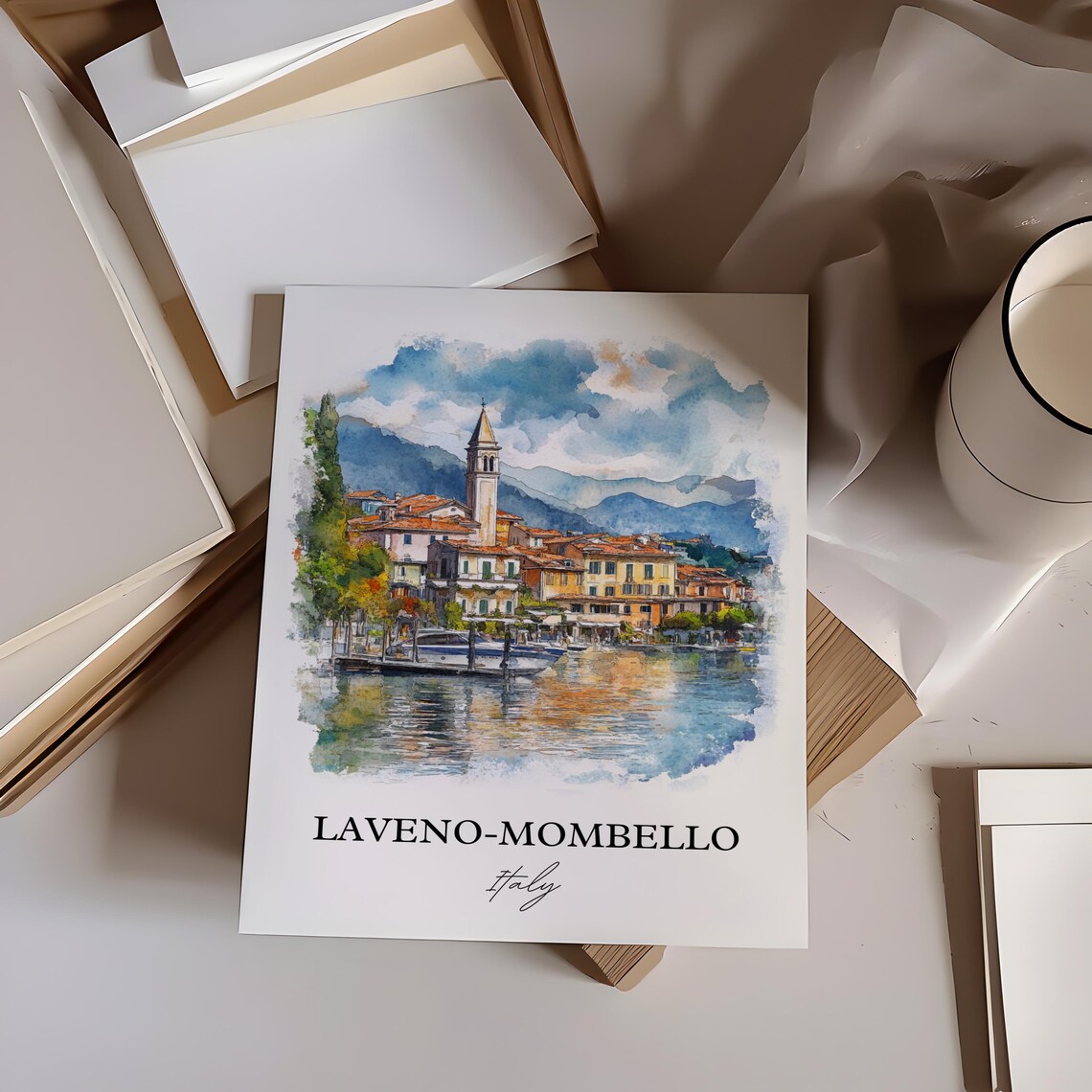 Laveno Mombello Italy Lake Maggiore Watercolor Travel Poster - Image 3