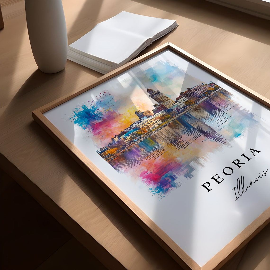 Peoria Illinois Riverfront Sunset Skyline Watercolor Travel Poster - Image 5
