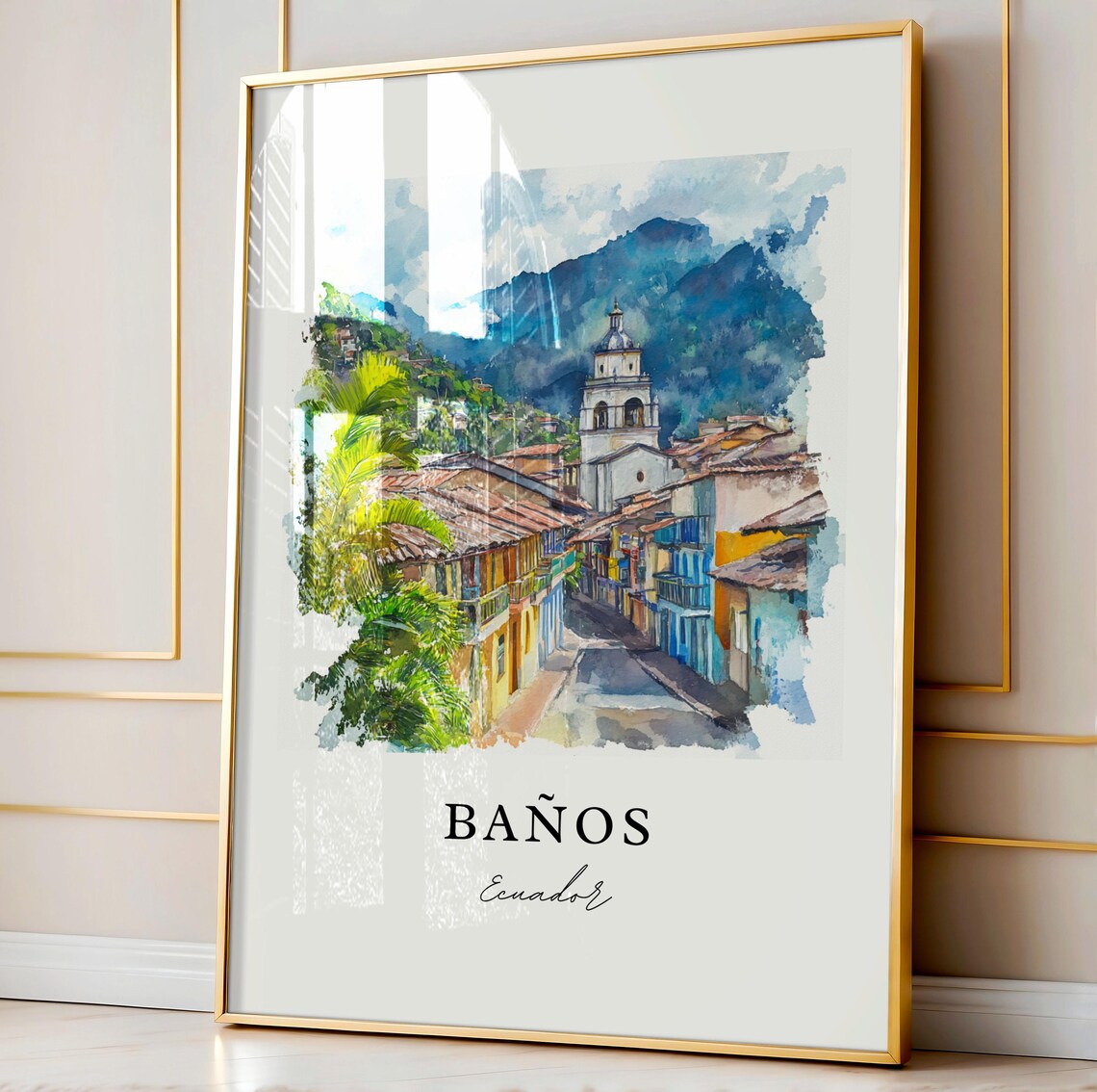 Baños Ecuador Watercolor Mountain Town Church Street Art Poster - Image 5