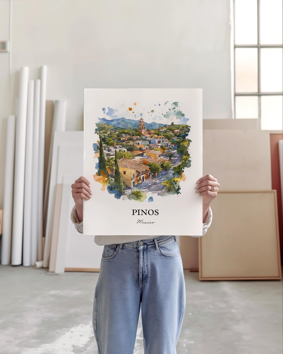 Pinos Mexico Old Village Church Tower Watercolor Travel Poster - Image 3