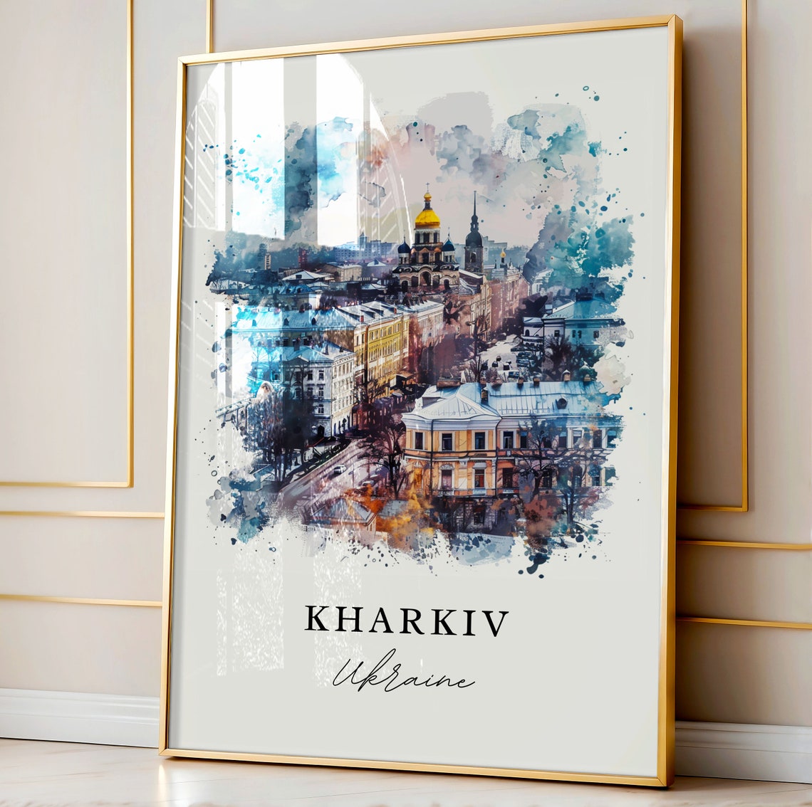 Kharkiv Ukraine Golden Dome Cathedral Watercolor Cityscape Poster - Image 4