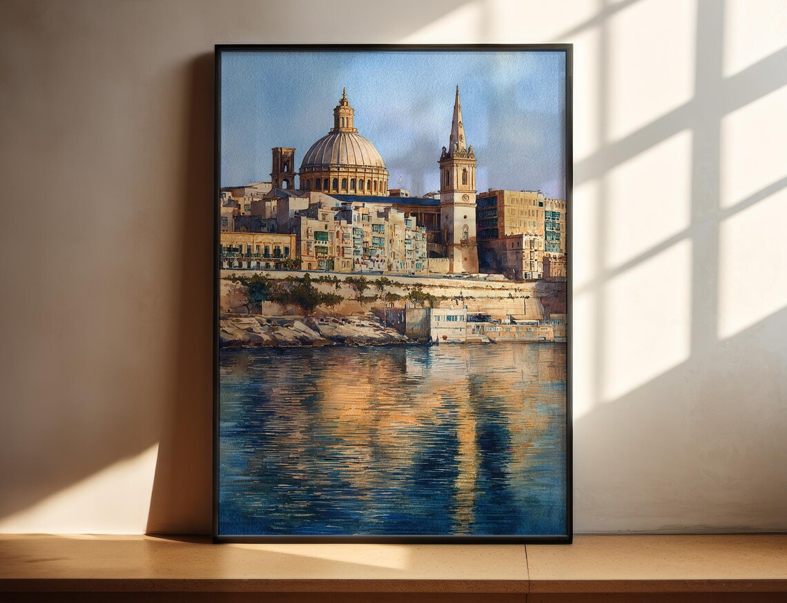 Valletta Malta Harbor Waterfront Dome Church Watercolor Travel Poster