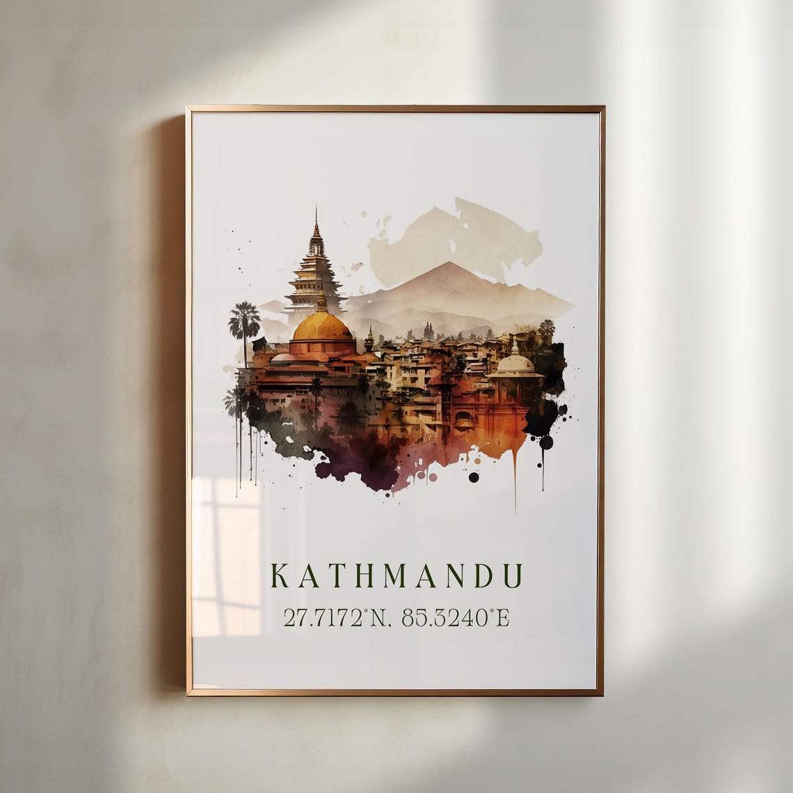 Kathmandu Nepal Temple Watercolor Travel Art Poster With Coordinates