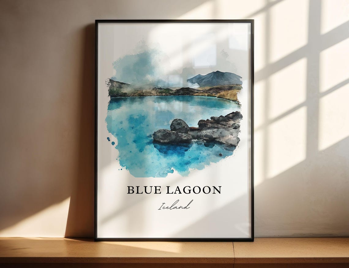 Blue Lagoon Iceland Geothermal Spa Watercolor Landscape Travel Poster