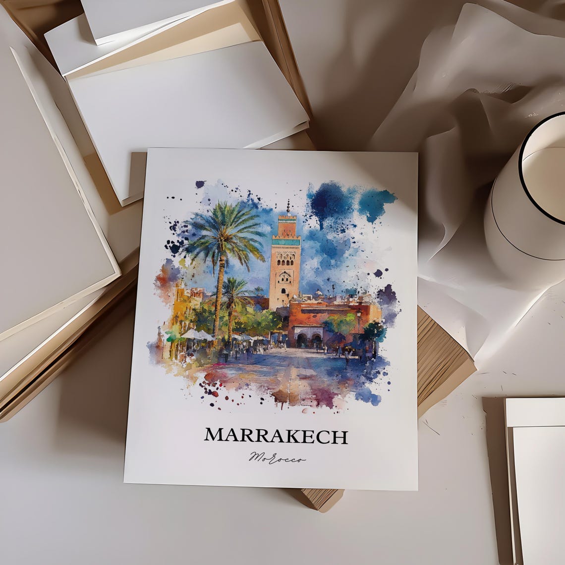 Marrakech Morocco Koutoubia Minaret Palms Watercolor Travel Poster - Image 2
