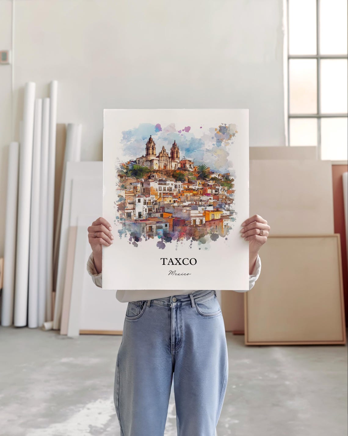 Taxco Mexico Watercolor Hillside Cathedral Colorful Rooftops Poster - Image 3