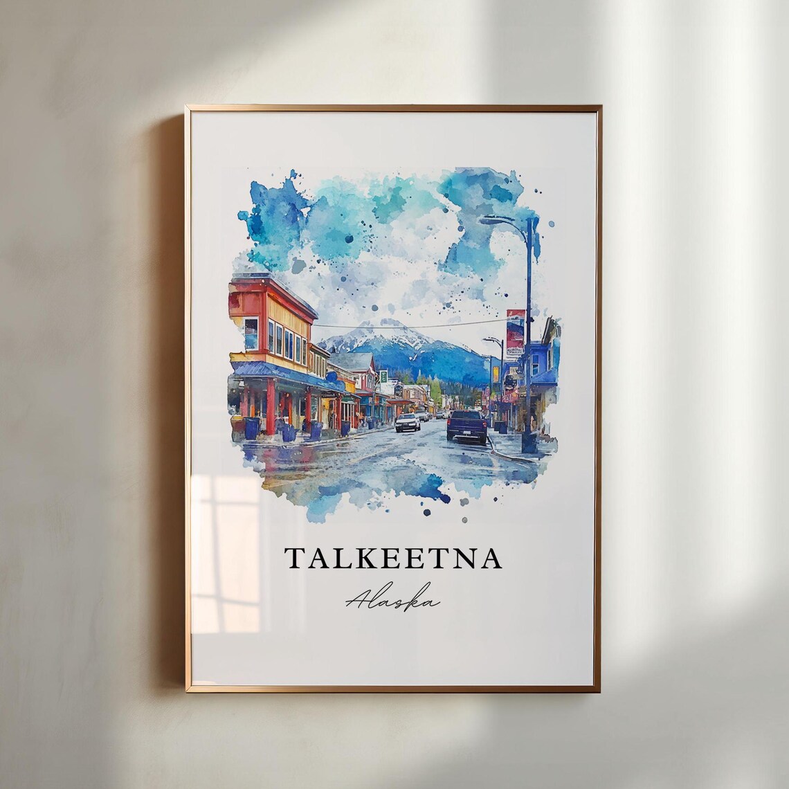 Talkeetna Alaska Watercolor Main Street Snowy Mountain Scene Print