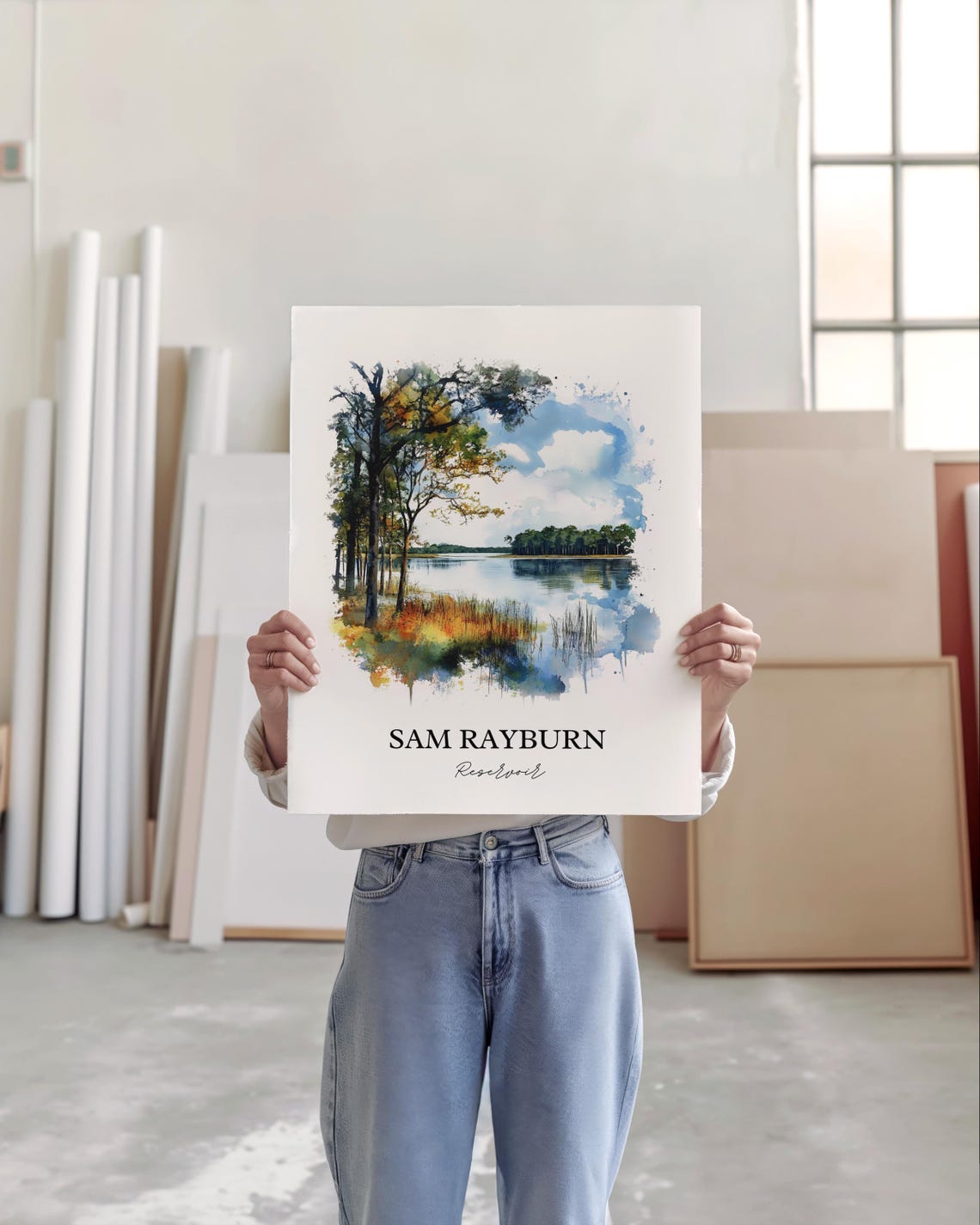 Sam Rayburn Reservoir Wooded Texas Shore Watercolor Lake Poster - Image 3