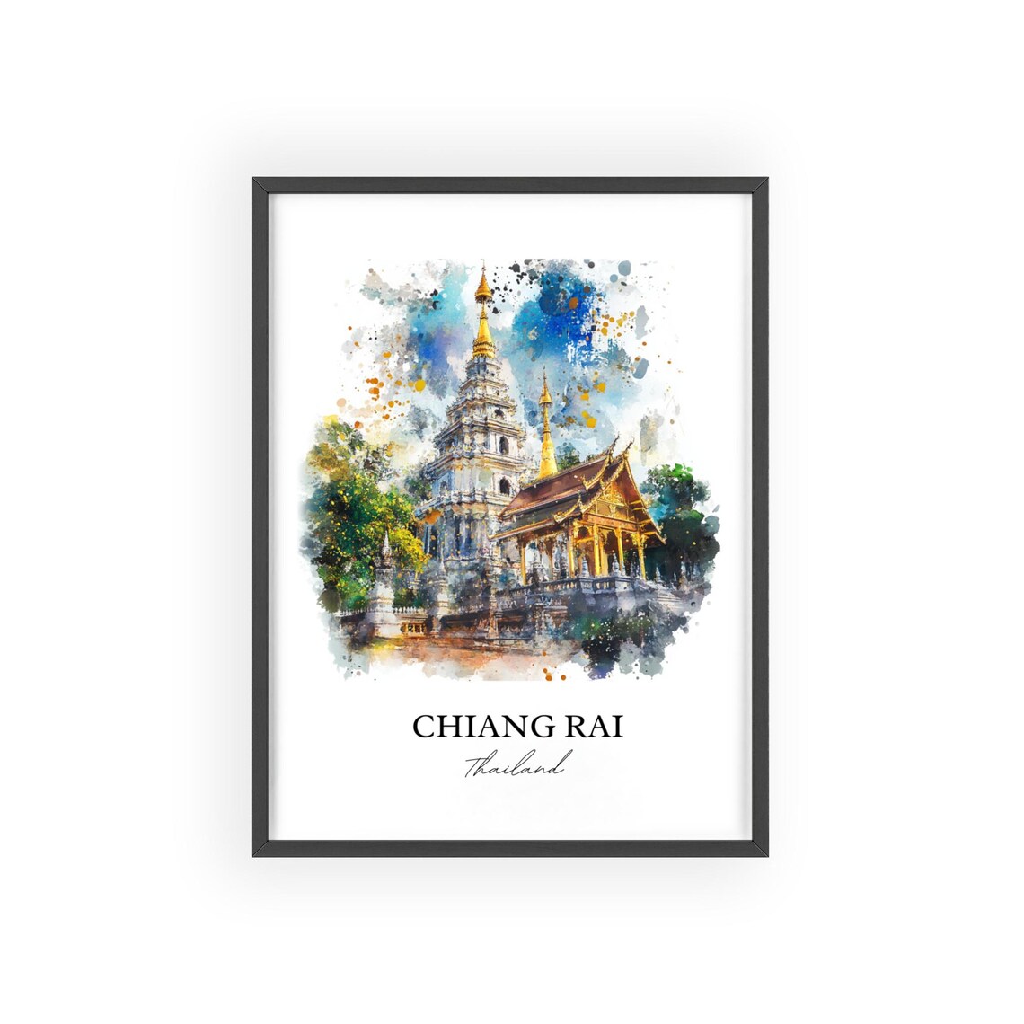 Chiang Rai Thailand Watercolor Golden Temple Landmark Art Poster - Image 2