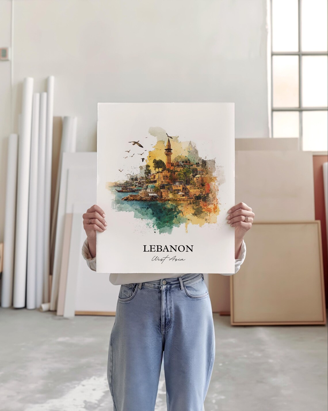 Lebanon West Asia Watercolor Coastal Old Town Minaret Travel Poster - Image 3