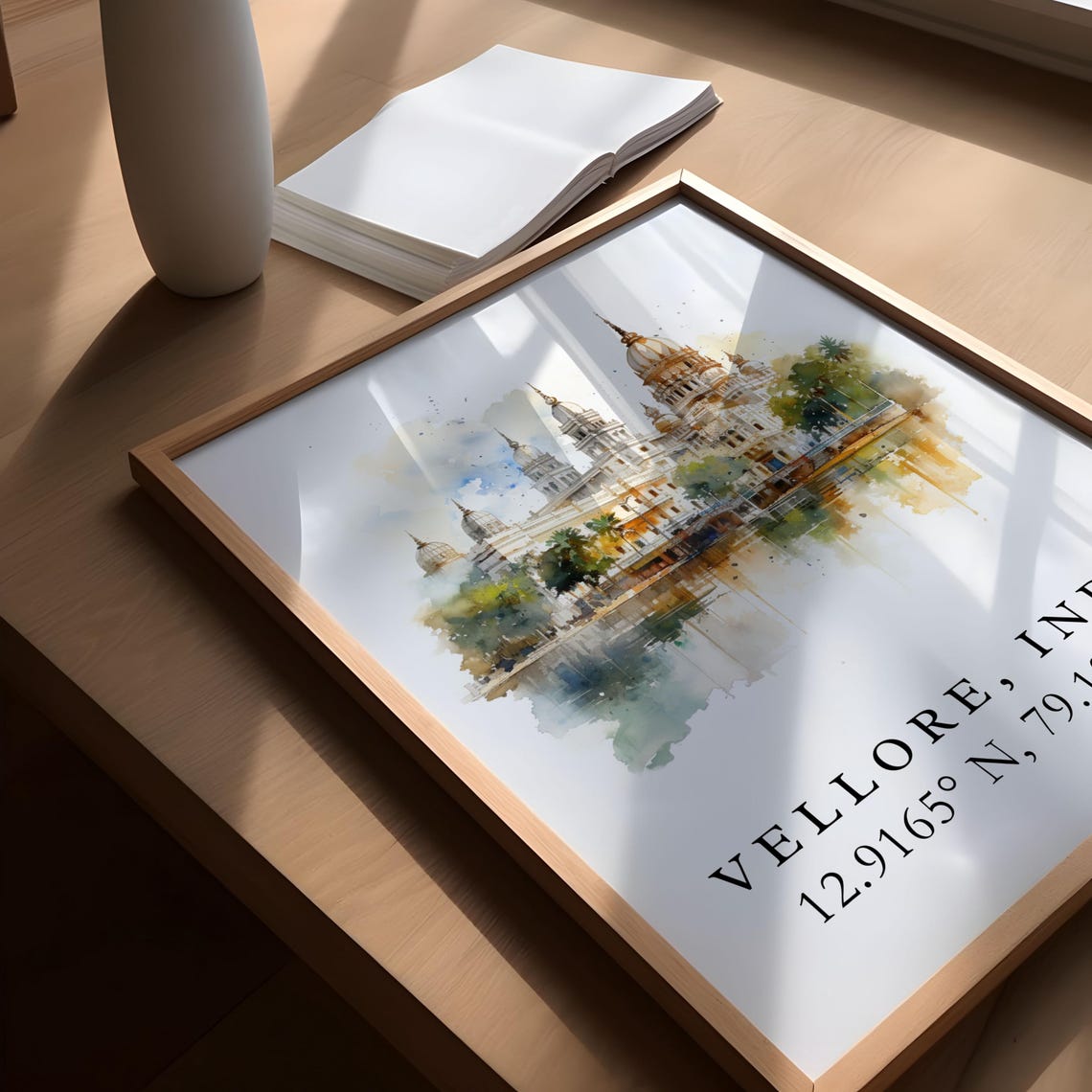 Vellore India Coordinates Golden Temple Reflection Watercolor Poster - Image 5