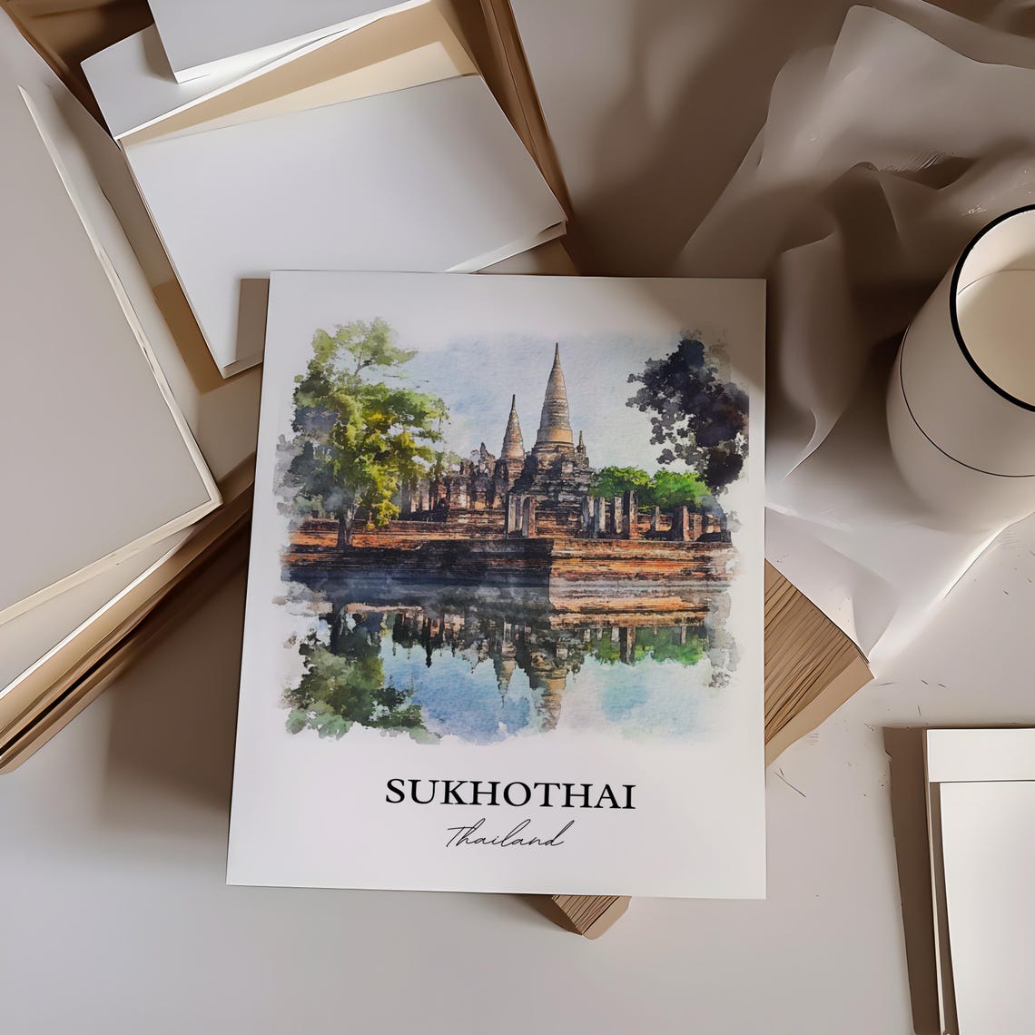 Sukhothai Thailand Watercolor Ancient Temple Reflection Art Poster - Image 3