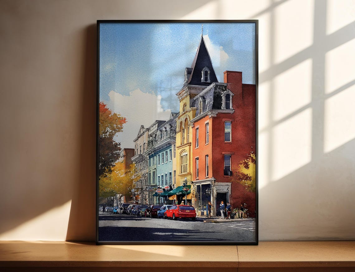 Burlington Vermont Historic Downtown Street Watercolor Wall Art