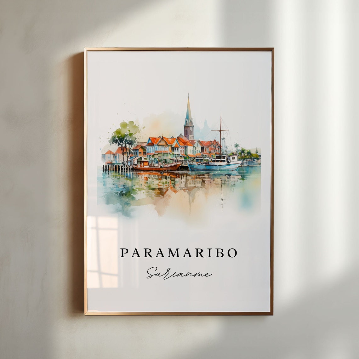 Paramaribo Suriname Harbor Watercolor Boat Reflection Travel Poster