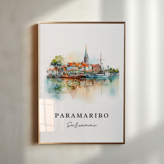 Paramaribo Suriname Harbor Watercolor Boat Reflection Travel Poster