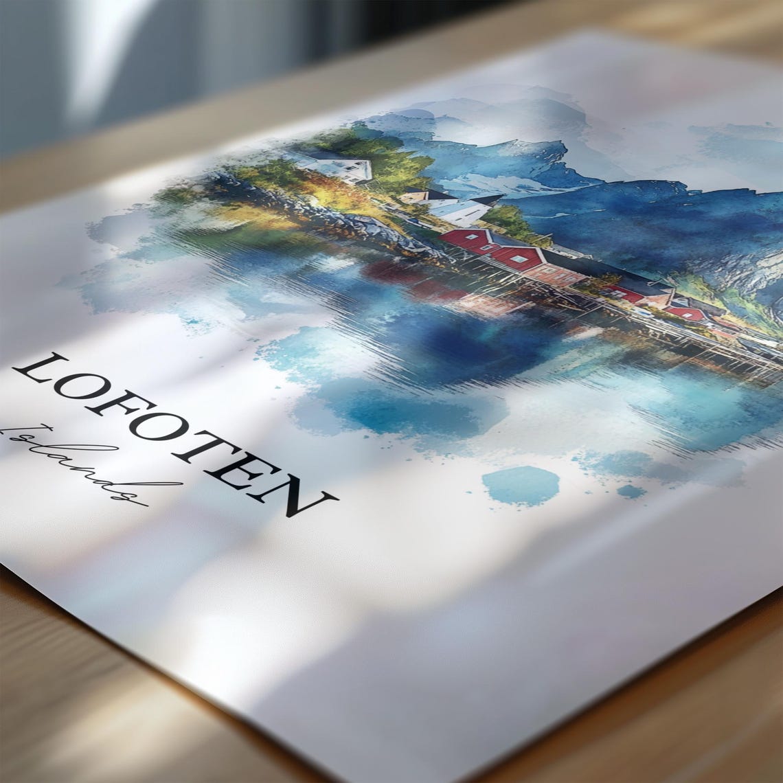 Lofoten Islands Norway Watercolor Red Cabins Scenic View Poster - Image 6