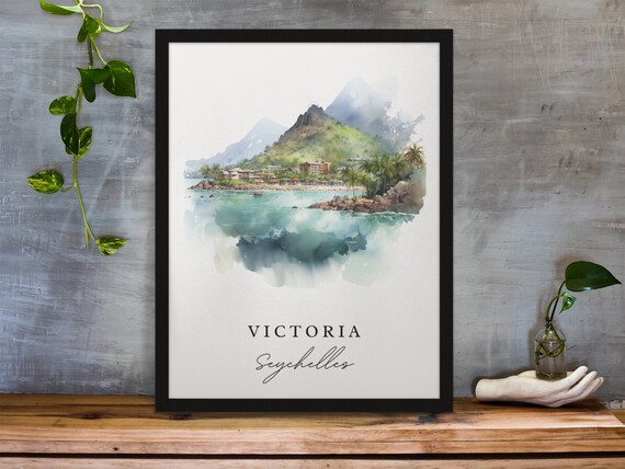 Victoria Seychelles Tropical Coast Mountain Watercolor Travel Poster