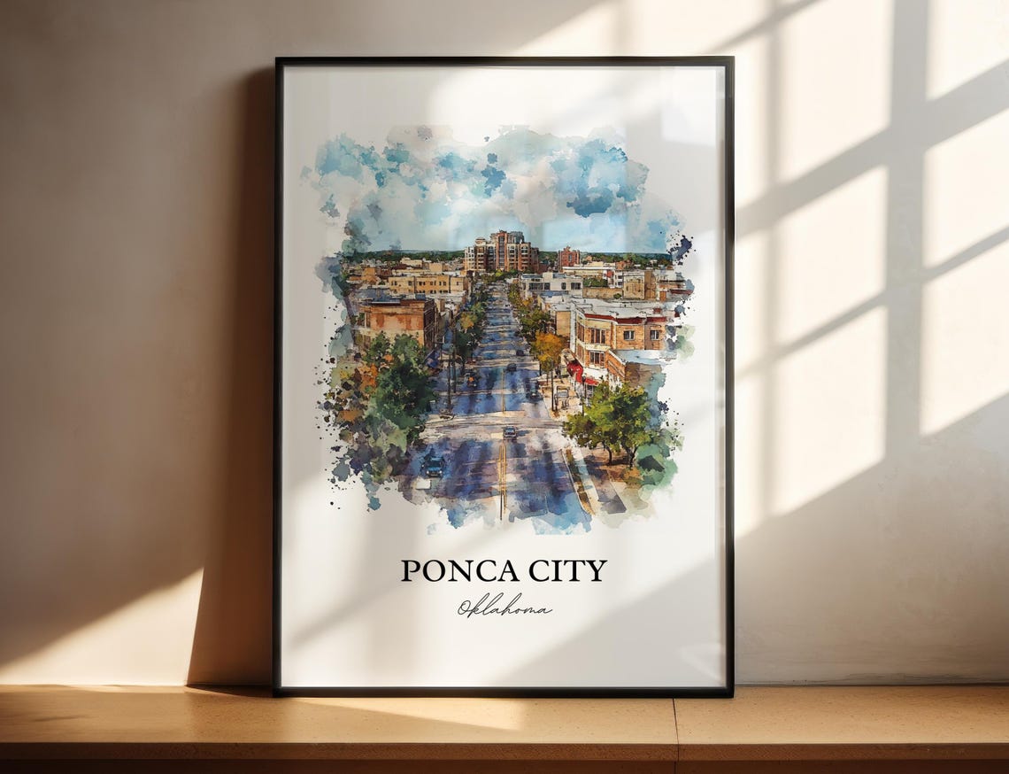 Ponca City Oklahoma City Street Watercolor Skyline Art Poster