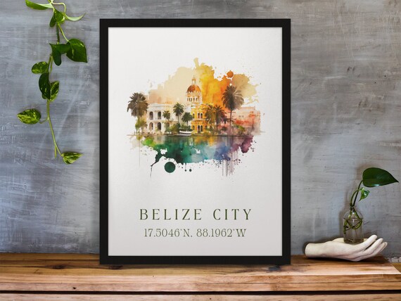 Belize City Belize Watercolor Skyline Coordinates Travel Poster