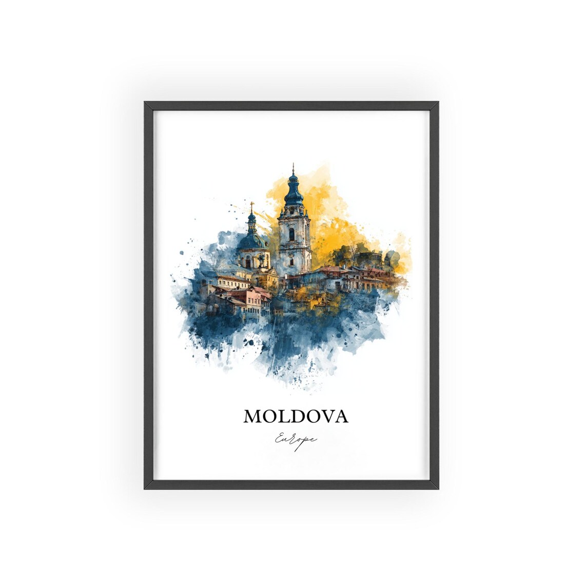 Moldova Church Towers Golden Watercolor Europe Travel Poster - Image 2