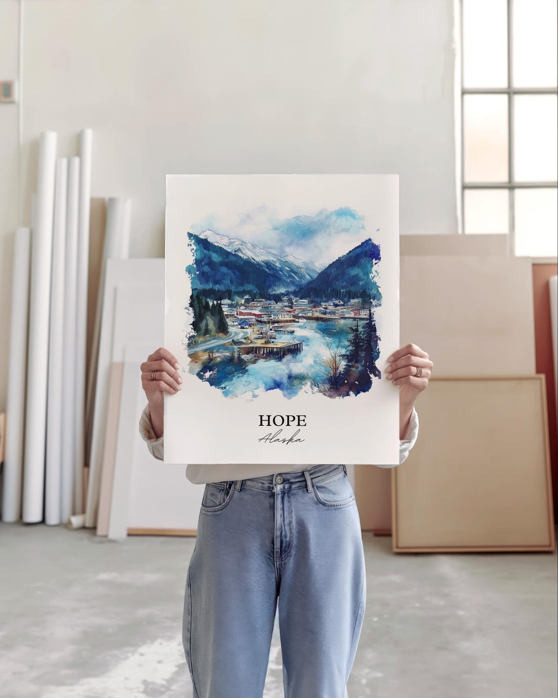 Hope Alaska Harbor Mountain Snow Peak Watercolor Travel Poster - Image 4