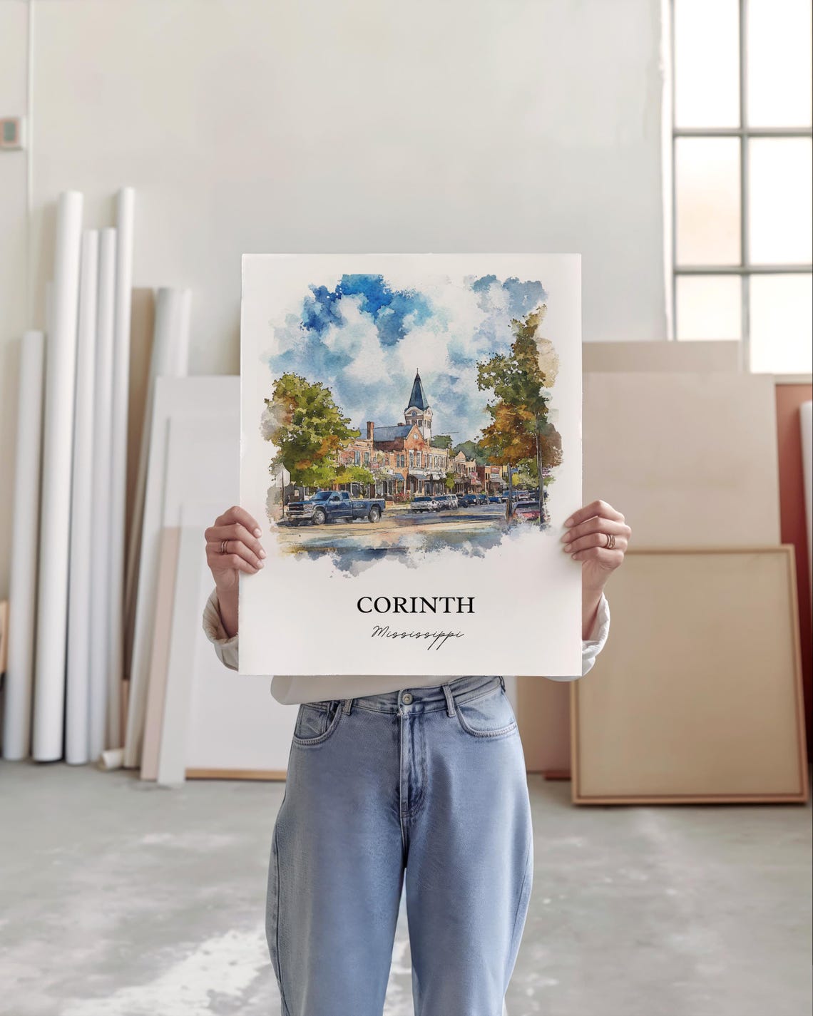 Corinth Mississippi Courthouse Square Clocktower Watercolor Poster - Image 3