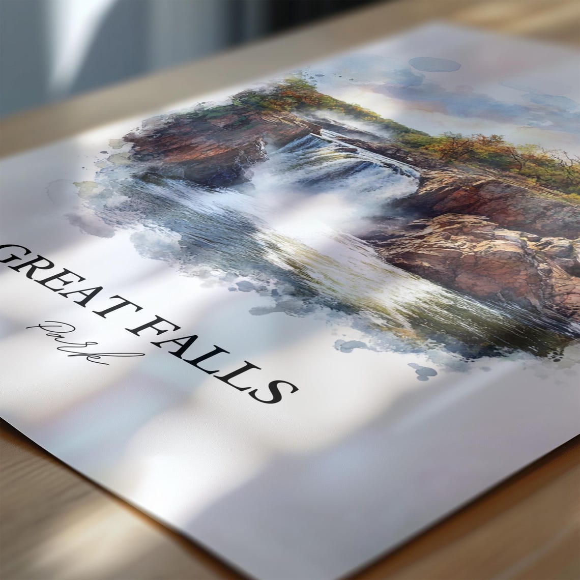 Great Falls Park Watercolor Waterfall Rocky Gorge Autumn Trees Poster - Image 6
