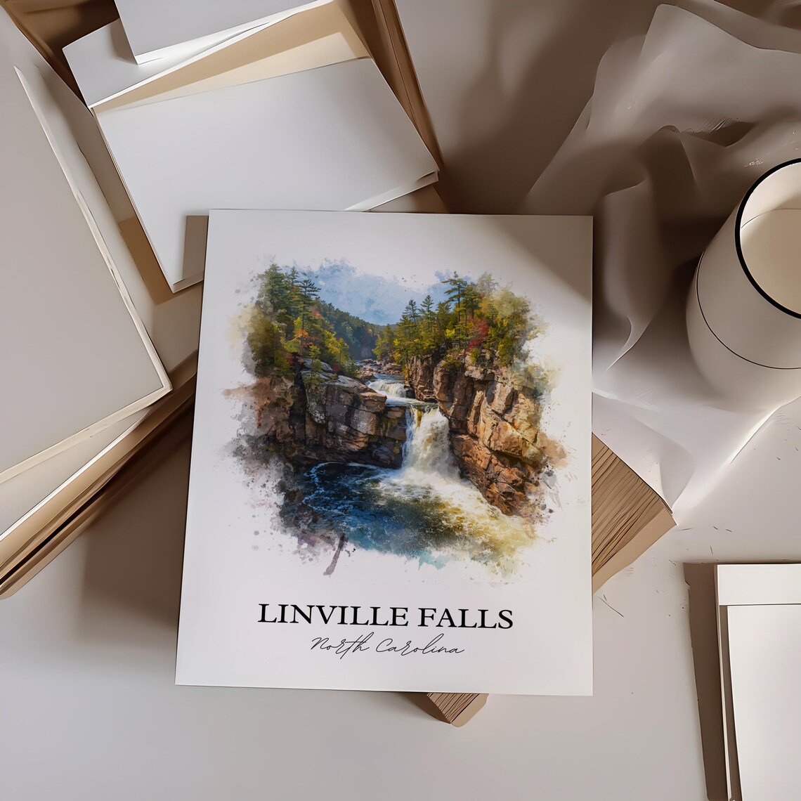 Linville Falls North Carolina Rocky Gorge Cascade Watercolor Poster - Image 4