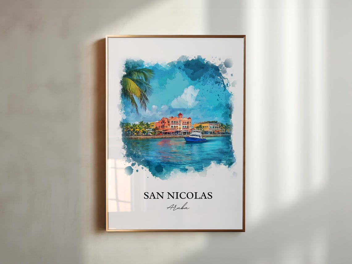 San Nicolas Aruba Watercolor Harbor Boat Waterfront Scene Poster - Image 4