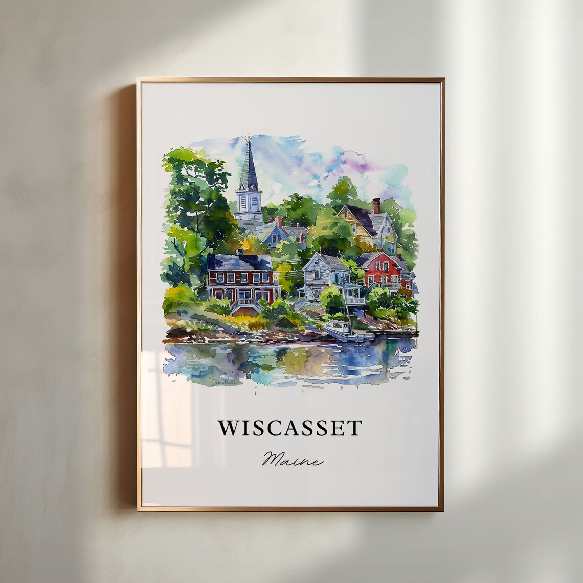 Wiscasset Maine Village Church Steeple Watercolor River Town Poster