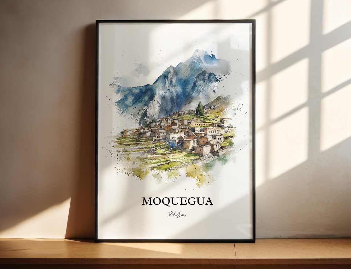 Charming Moquegua Peru Mountain Valley Watercolor Travel Poster