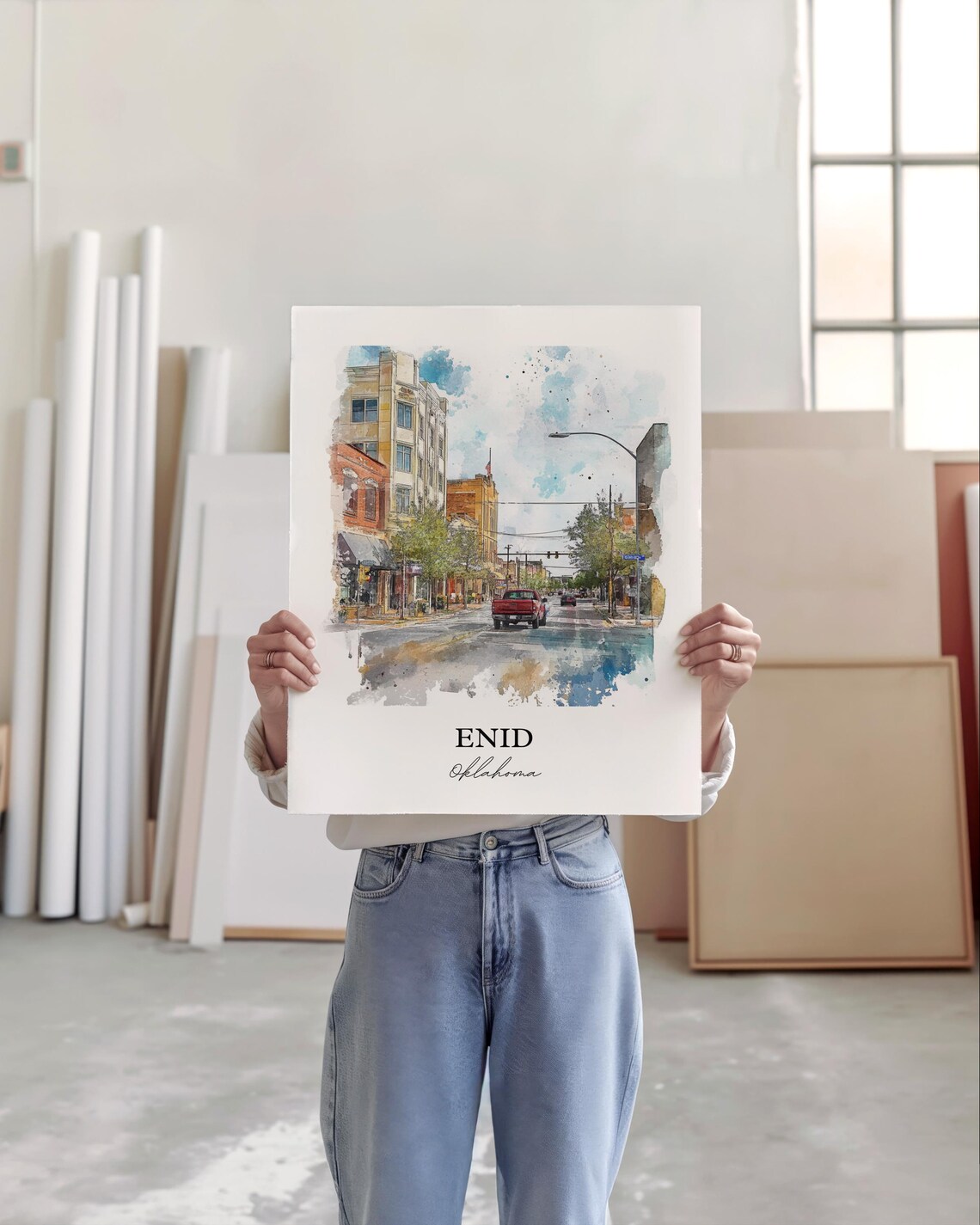 Enid Oklahoma Historic Downtown Watercolor Street Art Poster - Image 3