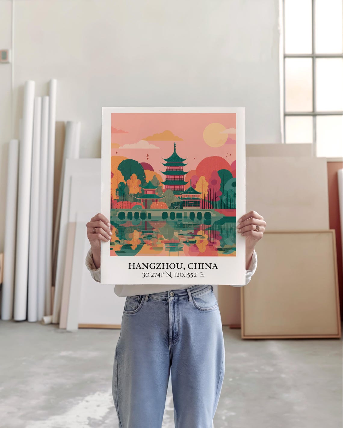 Hangzhou China Colorful Pagoda Lake Sunset Reflection Travel Poster - Image 4