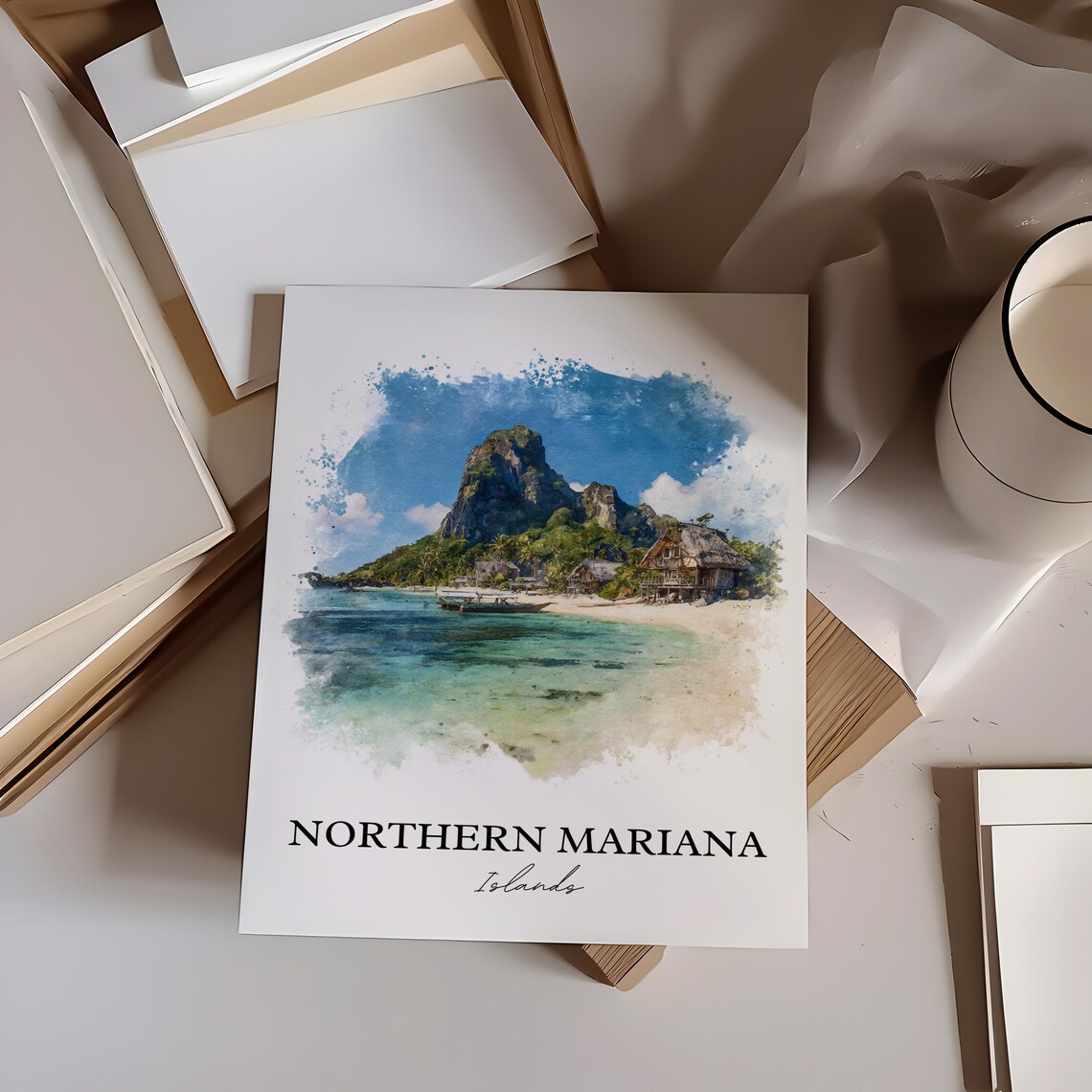 Northern Mariana Islands Tropical Beach Mountain Watercolor Poster - Image 3