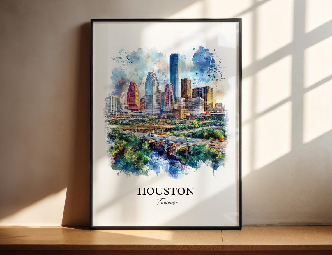 Houston Texas Downtown Skyline Watercolor Urban Travel Poster