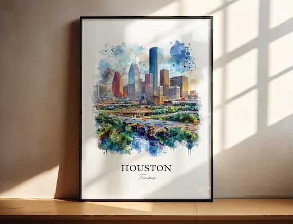 Houston Texas Downtown Skyline Watercolor Urban Travel Poster
