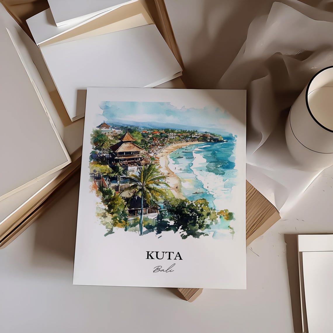 Kuta Bali Watercolor Beach Waves Surf Temple Aerial View Poster - Image 4