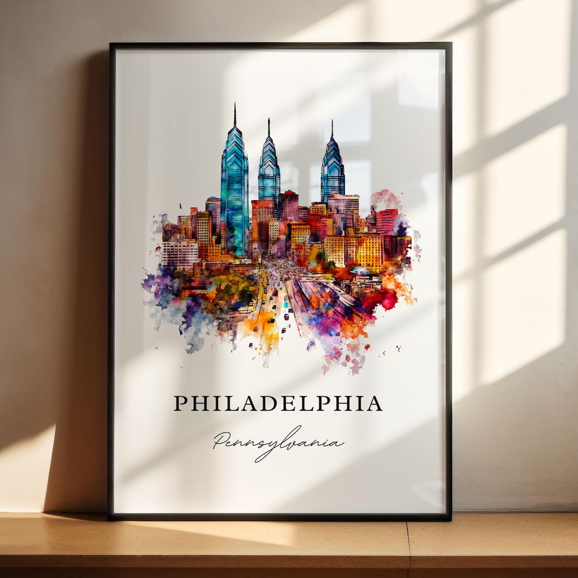 Philadelphia Pennsylvania Skyline Watercolor Downtown Art Poster