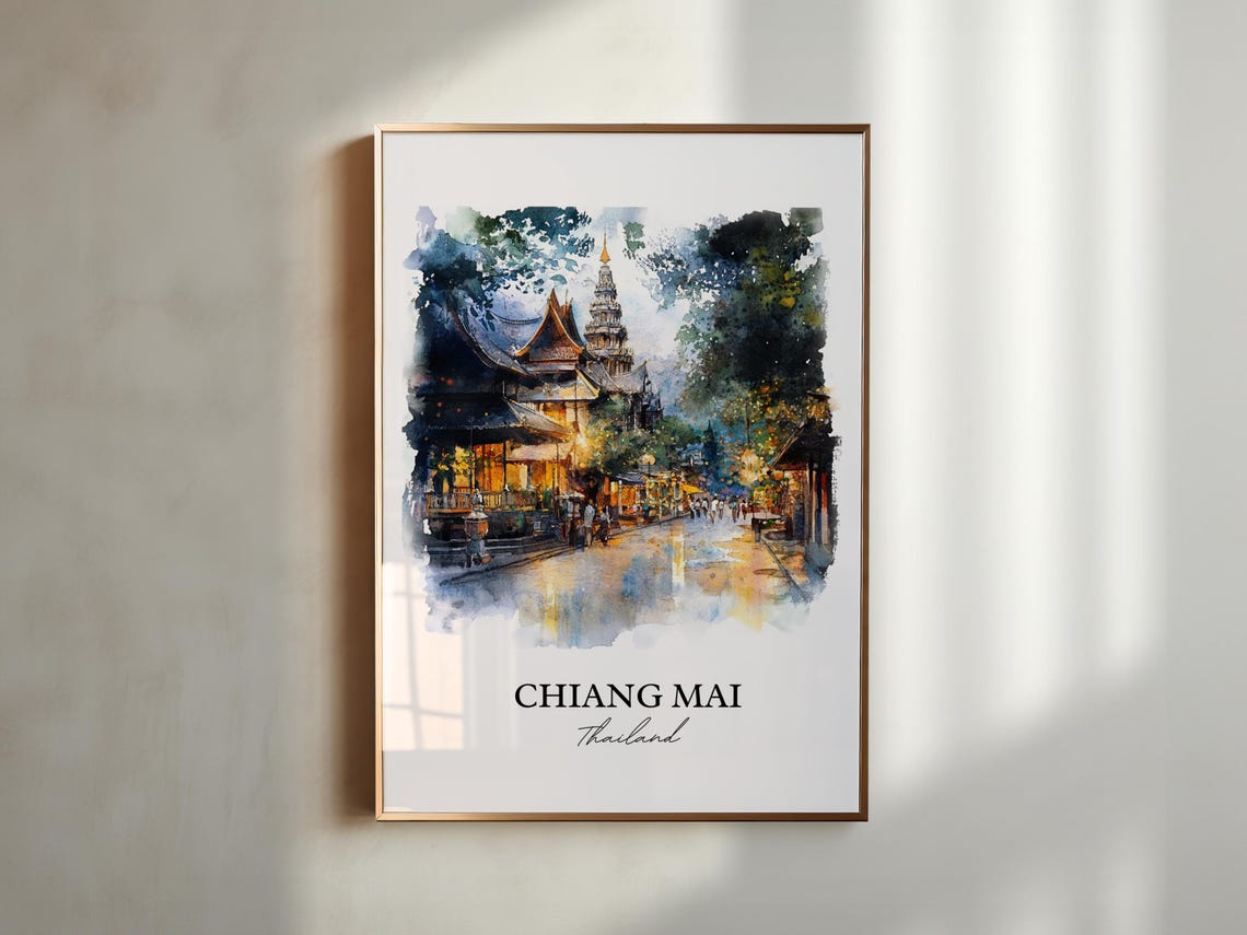 Chiang Mai Thailand Night Street Temple Watercolor Travel Poster - Image 2