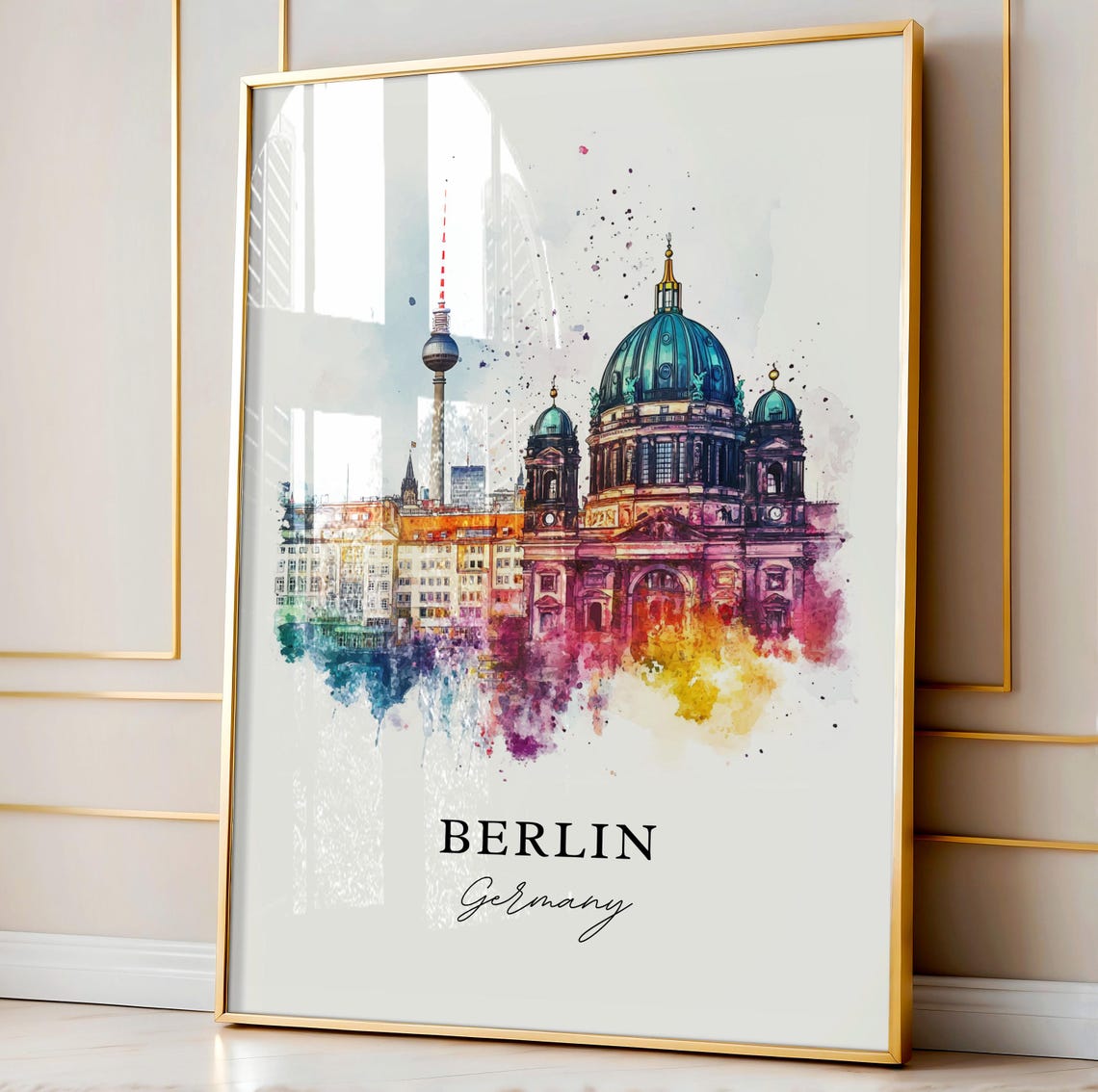 Berlin Germany Cathedral and TV Tower Skyline Watercolor Poster - Image 3