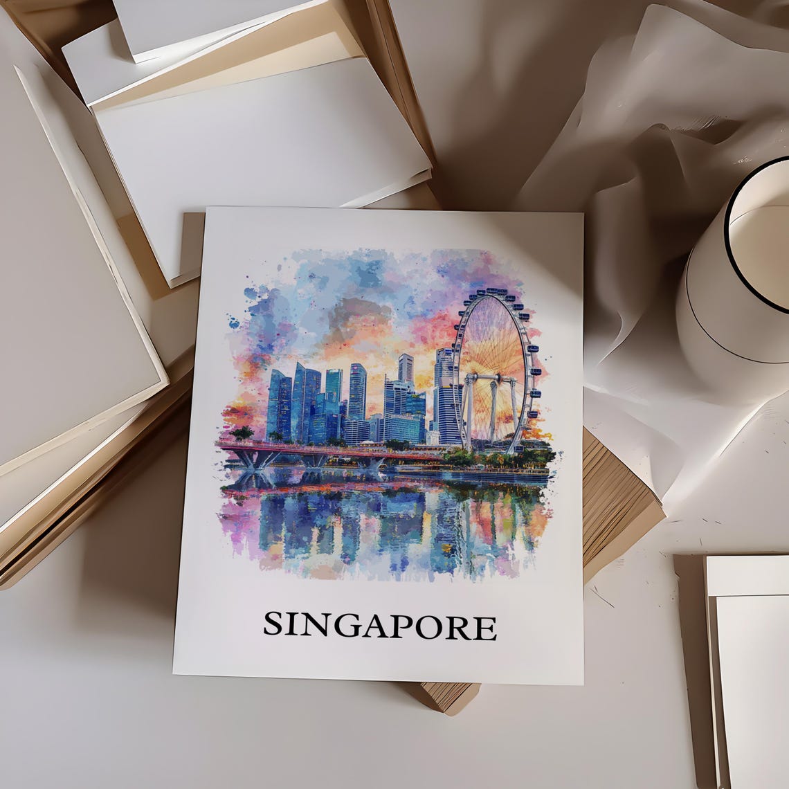 Singapore Watercolor Marina Bay Skyline Ferris Wheel View Poster - Image 5