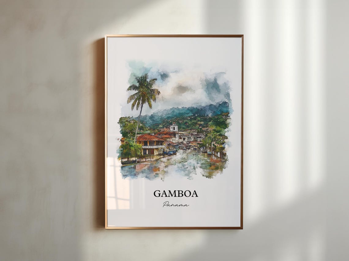 Gamboa Panama Riverfront Town Church Tower Watercolor Travel Poster - Image 3