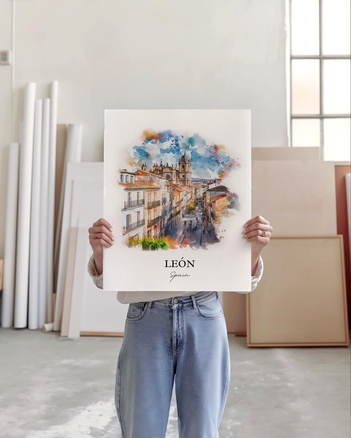 León Spain Gothic Cathedral City Street Watercolor Travel Poster - Image 5